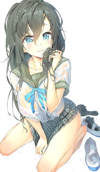 Anime picture 581x1000 with original peragura single long hair tall image looking at viewer blush fringe breasts blue eyes light erotic black hair simple background hair between eyes large breasts white background sitting full body light smile short sleeves