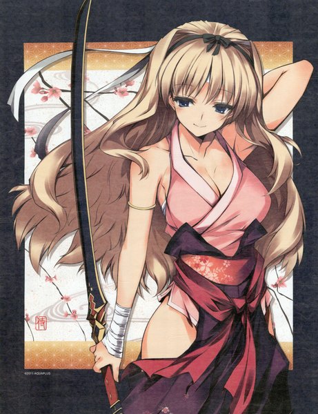 Anime picture 1230x1600 with to heart 2 leaf (studio) kusugawa sasara kawata hisashi single long hair tall image blush fringe breasts blue eyes blonde hair smile large breasts bare shoulders holding traditional clothes japanese clothes cherry blossoms looking down