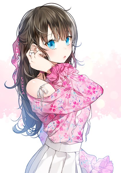 Anime picture 700x1000 with original sorolp single long hair tall image looking at viewer blush fringe blue eyes simple background brown hair bare shoulders signed upper body ahoge pleated skirt lips floral print adjusting hair girl