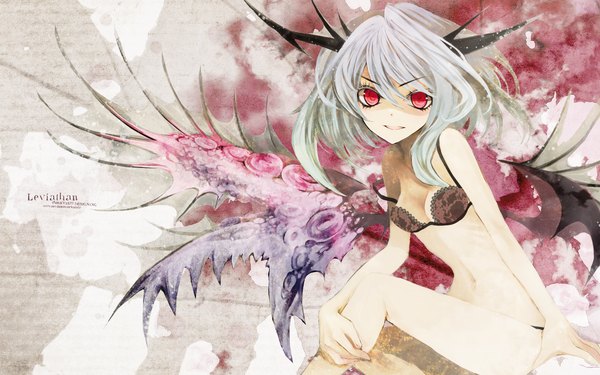Anime picture 1920x1200 with hiiragi ryou duca single highres short hair light erotic red eyes wide image cleavage white hair horn (horns) girl navel wings