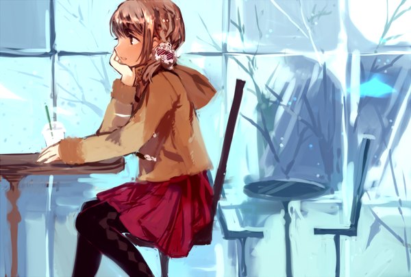 Anime picture 1300x877 with original tan (tangent) single short hair brown hair sitting brown eyes profile girl skirt chair table