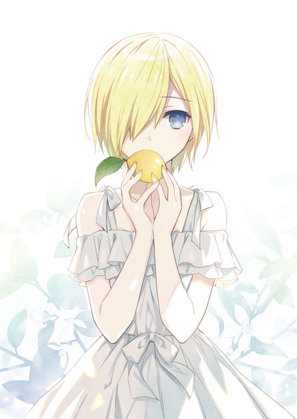 Anime picture 724x1023 with original tsunako single tall image looking at viewer fringe short hair blue eyes simple background blonde hair standing white background holding nail polish hair over one eye off shoulder covered mouth yellow nail polish girl dress