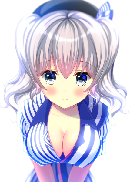 Anime picture 644x900 with kantai collection lawson kashima training cruiser yuzukaze rio single long hair tall image looking at viewer blush breasts blue eyes light erotic simple background smile large breasts white background cleavage silver hair girl uniform