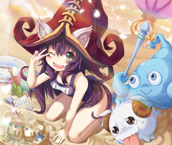 Anime picture 2950x2480 with league of legends lulu (league of legends) poro (league of legends) sora (pixiv id=6767230) single long hair looking at viewer highres open mouth blue eyes light erotic smile brown eyes green eyes animal ears purple hair one eye closed horn (horns) from above wink