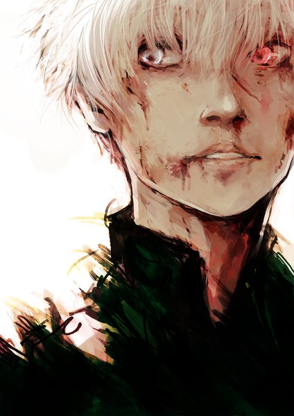 Anime picture 636x900 with tokyo ghoul studio pierrot kaneki ken tagme (artist) single tall image fringe short hair red eyes looking away white hair lips grey eyes heterochromia close-up boy blood