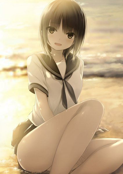 Anime picture 1131x1600 with original aoyama sumika coffee-kizoku single tall image looking at viewer blush fringe short hair open mouth light erotic black hair sitting brown eyes sky cloud (clouds) bent knee (knees) blurry arm support beach