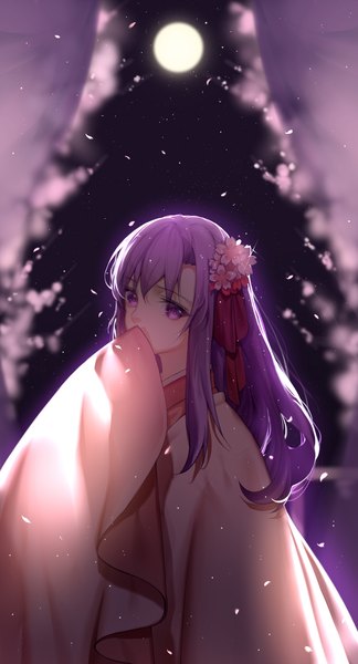 Anime picture 1000x1850 with fate (series) fate/stay night matou sakura zizou xingzao single long hair tall image looking at viewer fringe hair between eyes standing purple eyes purple hair traditional clothes night night sky cherry blossoms covered mouth girl hair ornament