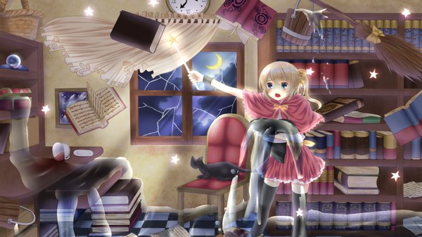 Anime picture 1920x1080 with akuriru (artist) single blush highres short hair open mouth blonde hair wide image looking away ponytail wind inscription night teeth wallpaper magic side ponytail witch crescent thighhighs