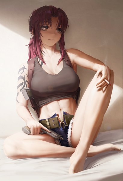Anime picture 1861x2732 with black lagoon madhouse revy (black lagoon) numanoan single long hair tall image fringe highres breasts light erotic large breasts sitting holding brown eyes payot looking away purple hair full body bent knee (knees)