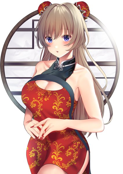 Anime picture 1240x1754 with original inushima single long hair tall image looking at viewer blush fringe breasts open mouth blue eyes light erotic simple background hair between eyes brown hair large breasts standing white background bare shoulders nail polish