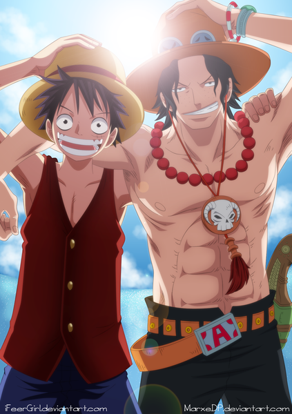 Anime picture 1423x2018 with one piece toei animation monkey d. luffy portgas d. ace marxedp ifeergirl tall image short hair open mouth black hair smile sky cloud (clouds) black eyes sunlight armpit (armpits) grin coloring muscle boy