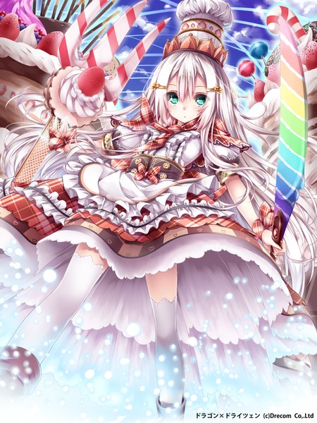 Anime picture 960x1280 with dragon dreizehn chabaneko single long hair tall image looking at viewer blue eyes white hair girl thighhighs dress hat white thighhighs food frills sweets berry (berries) knife cake strawberry