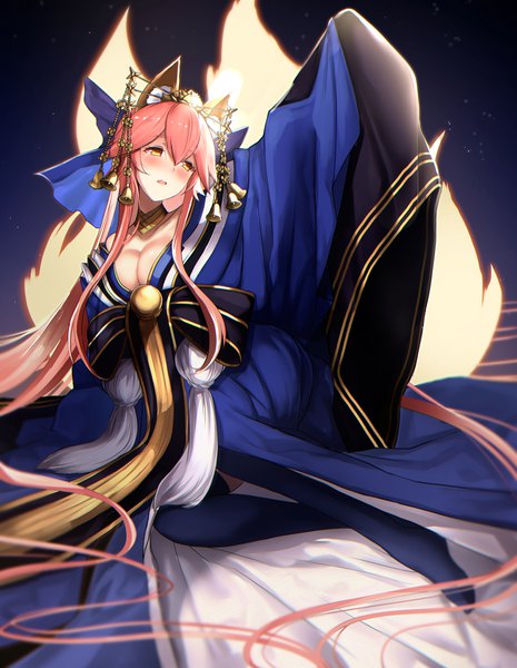 Anime picture 1490x1921 with fate (series) fate/extra tamamo (fate) (all) tamamo no mae (fate) untue single tall image blush fringe breasts open mouth light erotic hair between eyes large breasts sitting animal ears yellow eyes payot looking away pink hair