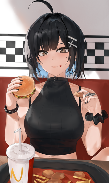 Anime picture 2766x4633 with original mcdonald's irene (kanniiepan) kanniiepan single tall image looking at viewer fringe highres short hair breasts black hair bare shoulders holding brown eyes blunt bangs nail polish multicolored hair mole two-tone hair