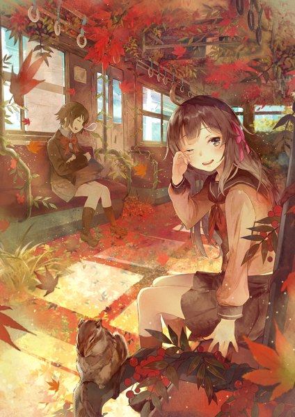 Anime picture 800x1132 with original shouin long hair tall image open mouth brown hair sitting multiple girls one eye closed grey eyes sleeping autumn train interior nose bubble girl skirt uniform 2 girls plant (plants) school uniform