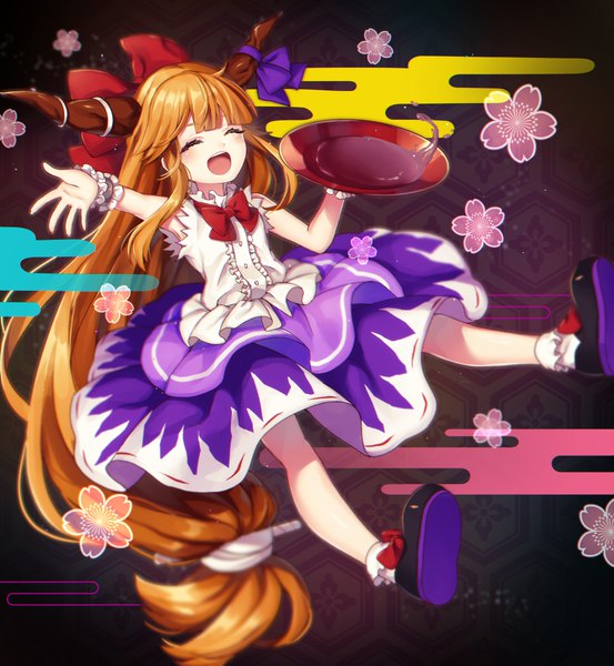 Anime picture 1000x1084 with touhou ibuki suika kyouda suzuka single tall image fringe open mouth full body blunt bangs eyes closed very long hair horn (horns) orange hair outstretched arm low ponytail ^ ^ egasumi girl bow hair bow