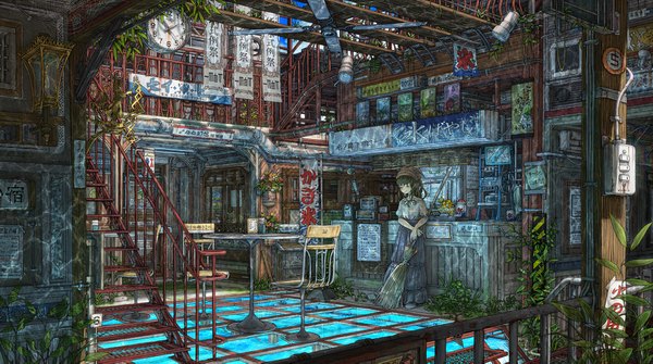 Anime picture 2024x1133 with original sumashi (cii) long hair blush highres wide image eyes closed green hair scenic restaurant girl dress flower (flowers) plant (plants) headdress chair table clock stairs lamp