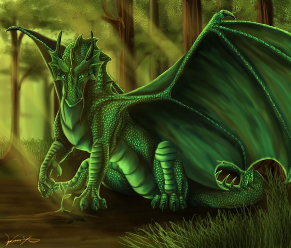 Anime picture 2613x2228 with original goldenphoenix100 highres green eyes horn (horns) sunlight fantasy plant (plants) animal wings tree (trees) grass dragon claws