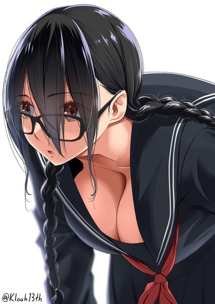 Anime picture 918x1300 with original kloah single long hair tall image fringe breasts light erotic black hair simple background hair between eyes large breasts white background brown eyes signed looking away braid (braids) long sleeves parted lips :o