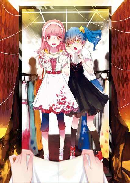 Anime picture 776x1092 with original w w w wloveless long hair tall image looking at viewer blush open mouth red eyes multiple girls yellow eyes blue hair pink hair ponytail side ponytail reflection dressing room girl dress 2 girls socks