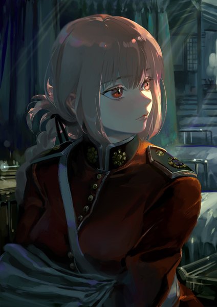 Anime picture 1336x1890 with fate (series) fate/grand order florence nightingale (fate) taro-k single long hair tall image blush fringe breasts hair between eyes red eyes payot looking away pink hair upper body indoors braid (braids) long sleeves lips