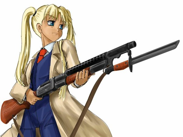 Anime picture 800x600 with gunslinger girl madhouse triela single long hair fringe blue eyes blonde hair twintails alternate costume girl weapon shirt necktie white shirt gun cloak