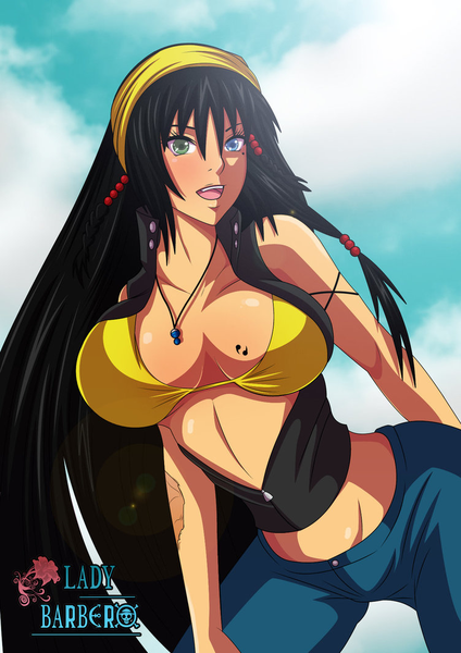 Anime picture 752x1063 with one piece original toei animation monkey d shihito (ladybarbero) ladybarbero single long hair tall image looking at viewer breasts open mouth light erotic black hair large breasts midriff heterochromia coloring girl hair ornament hairband