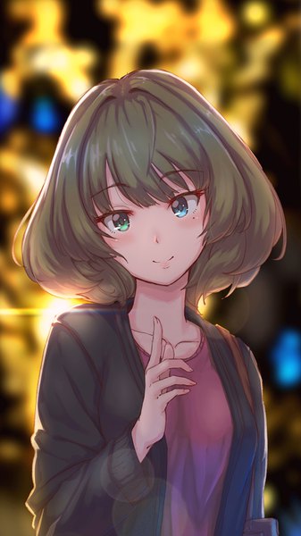 Anime picture 810x1440 with idolmaster idolmaster cinderella girls takagaki kaede maru (maru1625) single tall image looking at viewer blush fringe short hair brown hair green eyes upper body long sleeves head tilt light smile blurry mole depth of field mole under eye