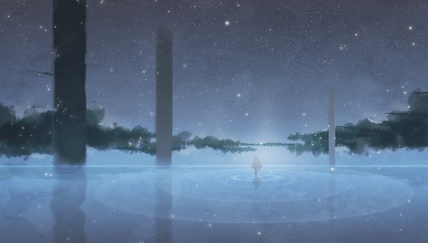 Anime picture 3108x1768 with original kachi single highres wide image night night sky reflection scenic silhouette ripples girl water star (stars) pillar
