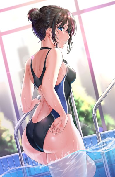 Anime picture 2300x3508 with original rama (yu-light8) single tall image looking at viewer blush fringe highres short hair breasts blue eyes light erotic black hair hair between eyes payot ass indoors parted lips looking back from behind