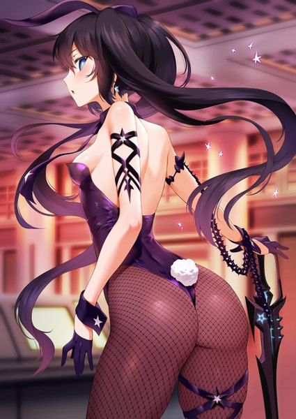 Anime picture 2508x3541 with black rock shooter black rock shooter (character) mdastarou single long hair tall image looking at viewer blush fringe highres breasts open mouth blue eyes light erotic black hair standing twintails bare shoulders holding animal ears