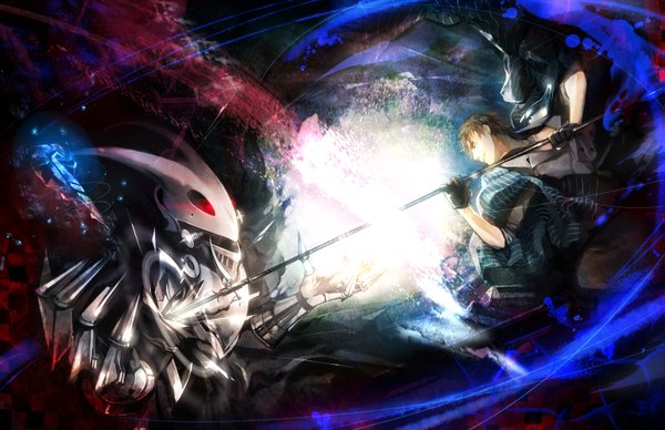 Anime picture 1543x1000 with original pixiv fantasia pixiv fantasia iv kyoka hatori short hair blonde hair scar battle boy gloves armor spear mecha