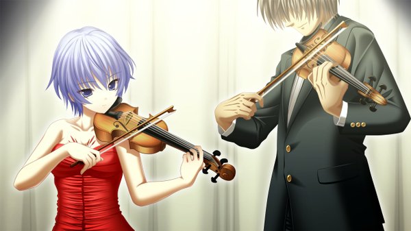 Anime picture 1280x720 with morobito kozorite (game) short hair blue eyes black hair wide image blue hair game cg couple girl dress boy violin bow (instrument)