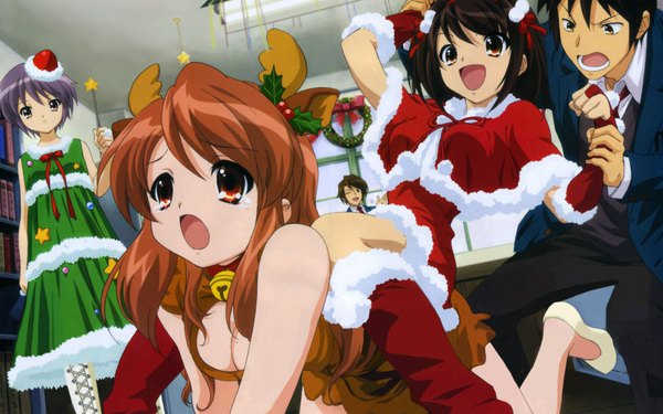 Anime picture 2000x1250 with suzumiya haruhi no yuutsu kyoto animation suzumiya haruhi nagato yuki asahina mikuru kyon highres short hair brown hair wide image christmas girl bell jingle bell