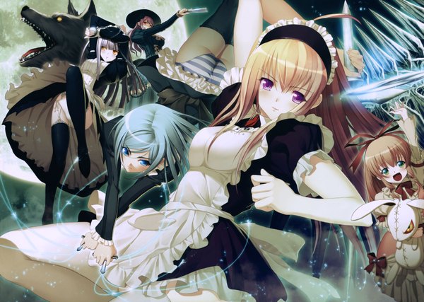 Anime picture 7370x5251 with carnevale della luce della luna nitroplus anna (carnevale della luce della luna) lunaria perla cornalina iris (carnevale della luce della luna) romeo (carnevale della luce della luna) oosaki shinya highres light erotic multiple girls scan maid girl thighhighs underwear panties 5 girls