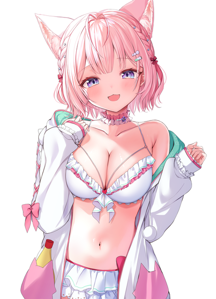 Anime picture 2527x3500 with virtual youtuber hololive hakui koyori hakui koyori (3rd costume) ineka ka single tall image looking at viewer blush highres short hair breasts open mouth light erotic large breasts purple eyes animal ears pink hair :d off shoulder