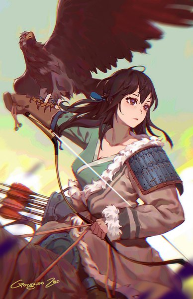 Anime picture 777x1200 with mount & blade abagai (mount & blade) gongxiao zao single long hair tall image fringe black hair hair between eyes red eyes looking away sky outdoors braid (braids) long sleeves traditional clothes off shoulder fur trim outstretched arm side braid