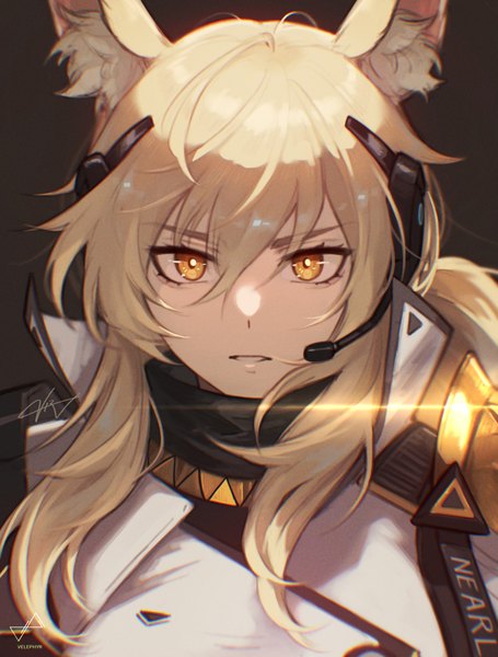 Anime picture 2048x2700 with arknights nearl (arknights) nearl the radiant knight (arknights) velephyr single long hair tall image looking at viewer fringe highres simple background blonde hair hair between eyes animal ears yellow eyes upper body official alternate costume horse ears girl