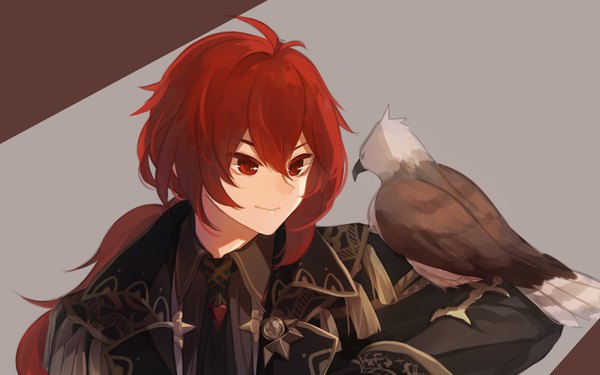 Anime picture 1920x1200 with genshin impact diluc ragnvindr malmaron single long hair fringe highres smile hair between eyes red eyes looking away upper body red hair low ponytail bird on hand boy animal bird (birds)