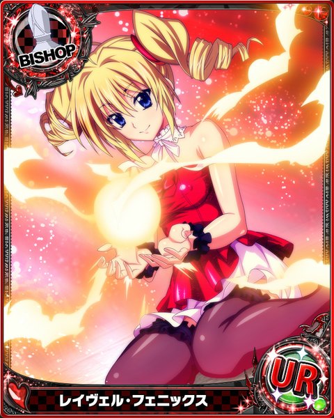 Anime picture 640x800 with highschool dxd ravel phenex single long hair tall image looking at viewer blue eyes blonde hair twintails drill hair card (medium) girl thighhighs dress black thighhighs fire fireball