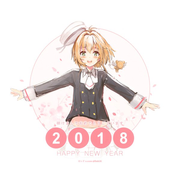 Anime picture 1000x1000 with card captor sakura clamp kinomoto sakura kero (cardcaptor sakura) rods single looking at viewer blush fringe short hair open mouth blonde hair simple background hair between eyes white background spread arms new year hat removed headwear removed happy new year