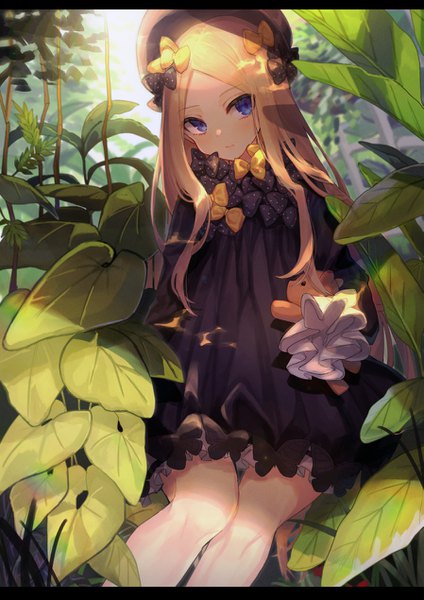 Anime picture 897x1269 with fate (series) fate/grand order abigail williams (fate) coyucom single long hair tall image blush fringe blue eyes blonde hair sitting holding looking away outdoors head tilt sunlight sleeves past wrists letterboxed polka dot