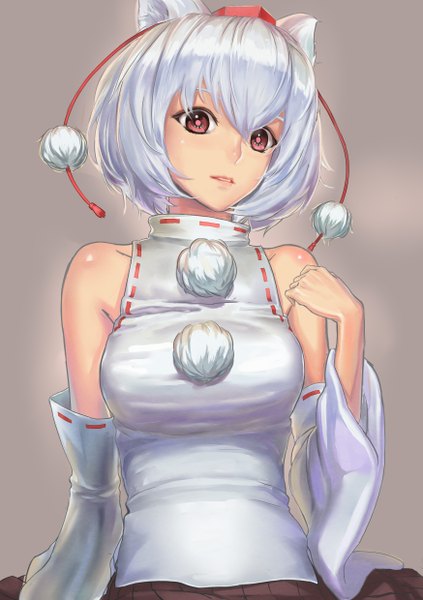 Anime picture 1748x2480 with touhou inubashiri momiji jinyuan712 single tall image looking at viewer highres short hair simple background red eyes bare shoulders animal ears white hair girl hat detached sleeves
