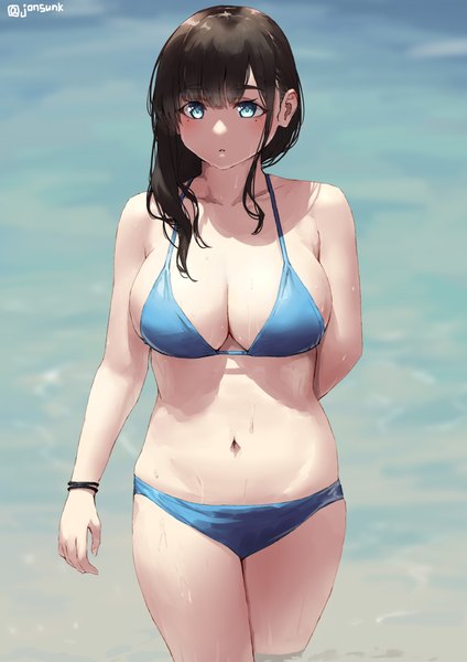 Anime picture 800x1131 with original tamami (jonsun) jonsun single long hair tall image looking at viewer blush fringe breasts blue eyes light erotic black hair large breasts standing signed payot outdoors parted lips mole