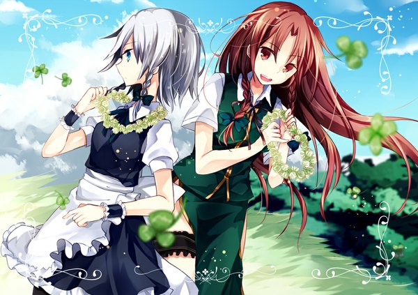 Anime picture 1000x706 with touhou izayoi sakuya hong meiling kusada souta long hair looking at viewer short hair open mouth blue eyes red eyes multiple girls sky silver hair cloud (clouds) red hair braid (braids) profile wind maid twin braids