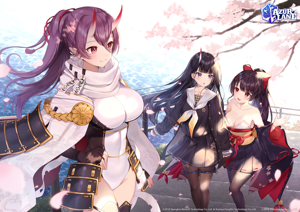 Anime picture 1500x1061 with azur lane noshiro (azur lane) izumo (azur lane) agano (azur lane) momoshiki tsubaki long hair blush fringe breasts open mouth light erotic black hair smile hair between eyes red eyes large breasts standing bare shoulders multiple girls payot