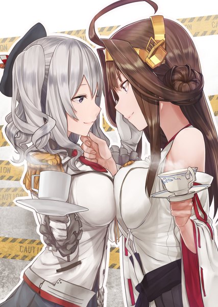 Anime picture 2560x3600 with kantai collection kongou battleship kashima training cruiser baffu long hair tall image fringe highres short hair breasts light erotic simple background smile hair between eyes brown hair large breasts purple eyes twintails bare shoulders multiple girls