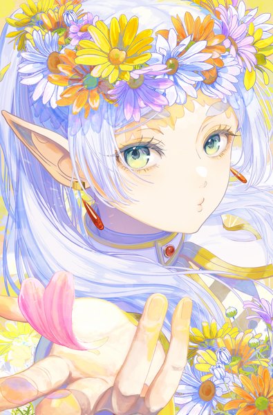 Anime picture 2303x3500 with sousou no frieren frieren nakauma single long hair tall image looking at viewer highres twintails green eyes silver hair upper body pointy ears eyebrows elf meme blown kiss frieren blowing a kiss (meme) girl flower (flowers)
