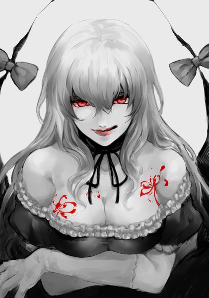 Anime picture 843x1200 with touhou yakumo yukari harano single long hair tall image looking at viewer fringe breasts simple background smile red eyes white background bare shoulders cleavage monochrome crossed arms smirk bodypaint girl