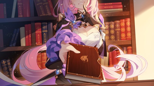 Anime picture 3840x2160 with honkai impact 3rd honkai (series) elysia (honkai impact) elysia (miss pink elf) (honkai impact) ai xiao meng single highres breasts light erotic wide image large breasts pink hair absurdres cleavage indoors very long hair finger to mouth outstretched hand head out of frame girl